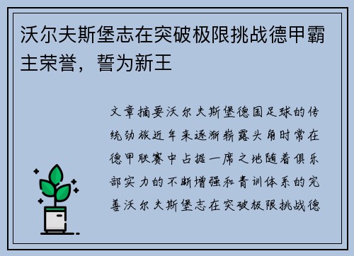沃尔夫斯堡志在突破极限挑战德甲霸主荣誉，誓为新王