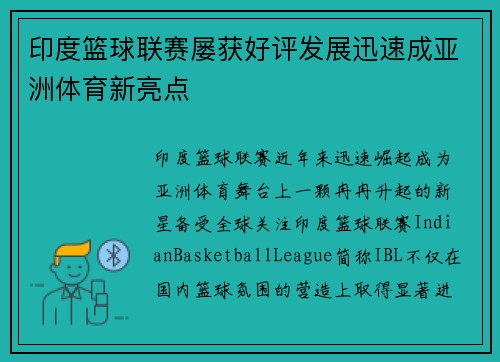 印度篮球联赛屡获好评发展迅速成亚洲体育新亮点